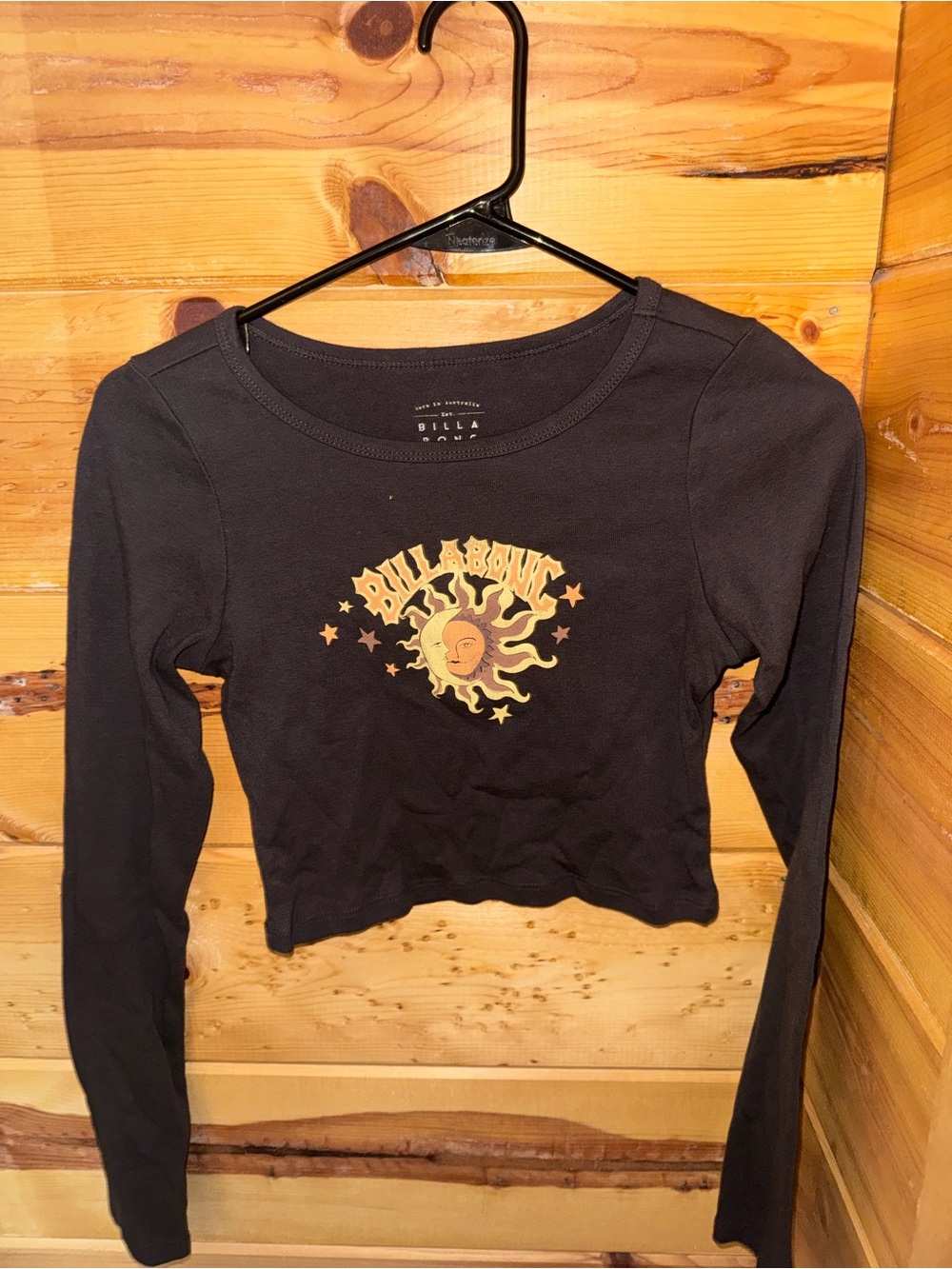 Billabong Black Long-Sleeve Crop Top with Yellow Sun Graphic